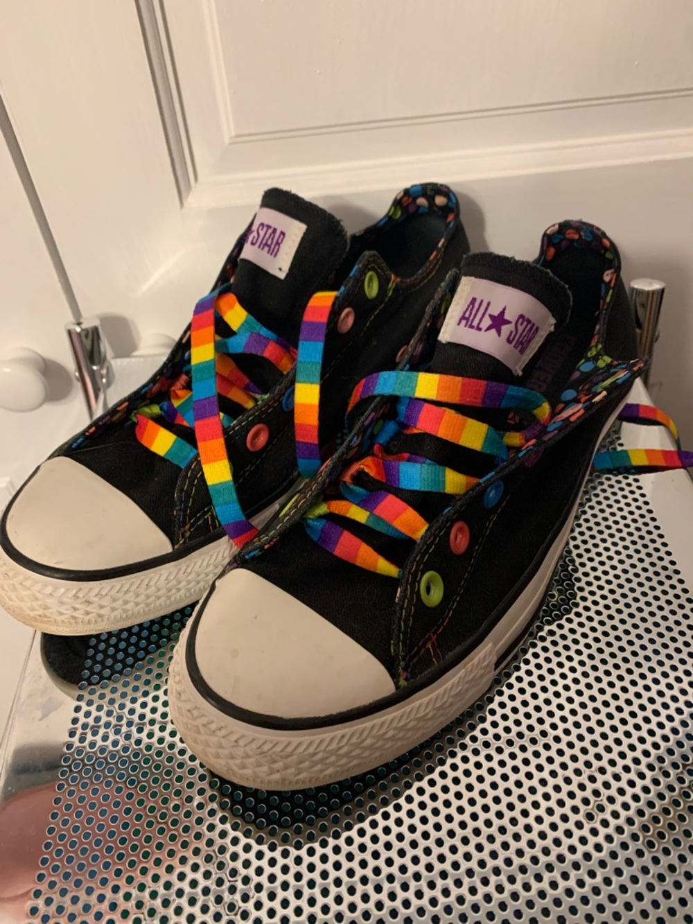 Womens Black Canvas Sneakers with Rainbow Laces